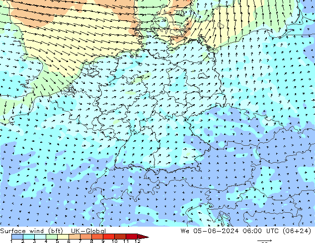 Bodenwind (bft) UK-Global Mi 05.06.2024 06 UTC