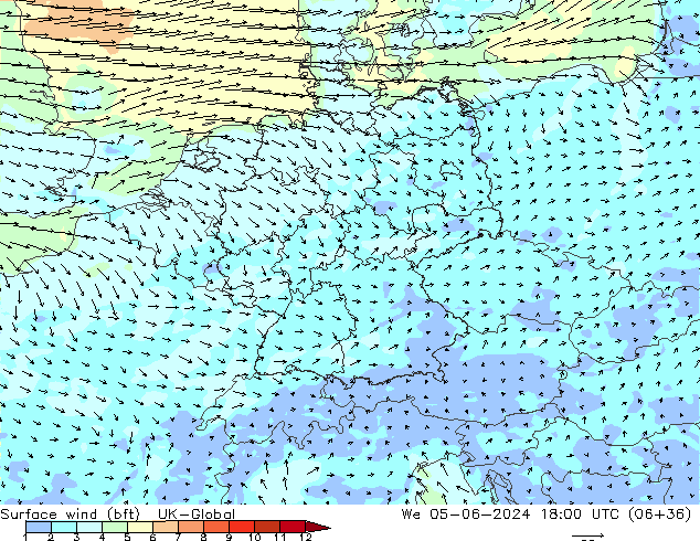 Surface wind (bft) UK-Global We 05.06.2024 18 UTC