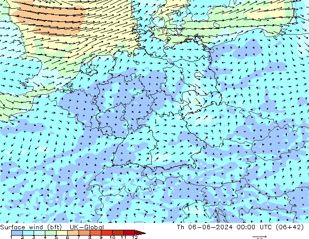 Wind 10 m (bft) UK-Global do 06.06.2024 00 UTC