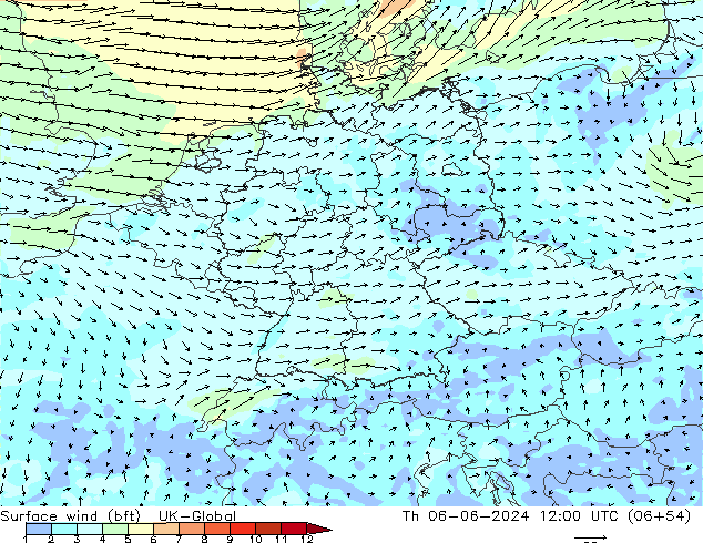 wiatr 10 m (bft) UK-Global czw. 06.06.2024 12 UTC