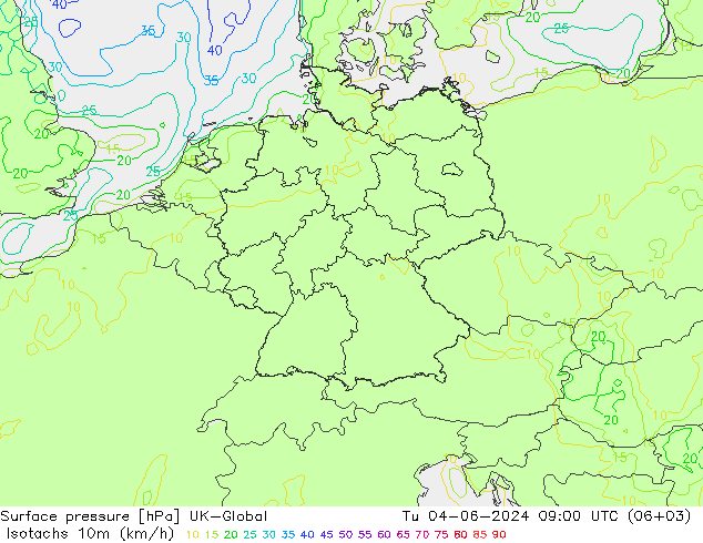 Isotachs (kph) UK-Global Tu 04.06.2024 09 UTC