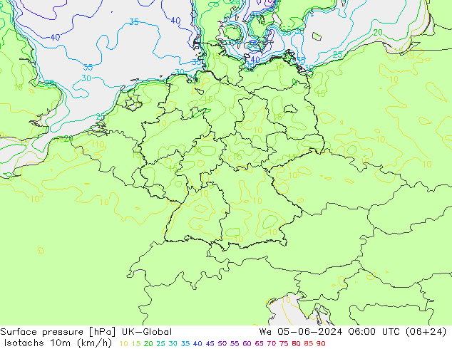 Isotachen (km/h) UK-Global Mi 05.06.2024 06 UTC
