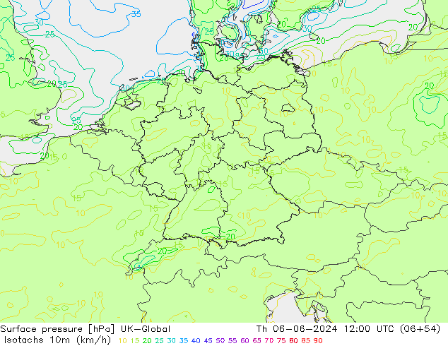 Isotachs (kph) UK-Global чт 06.06.2024 12 UTC