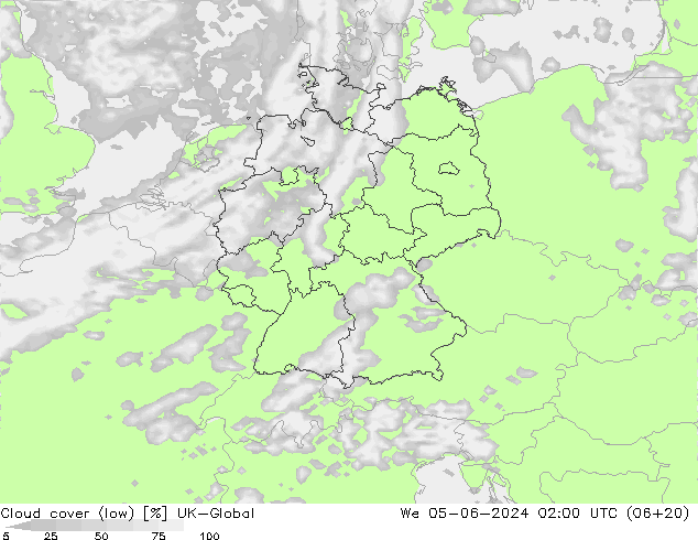 Cloud cover (low) UK-Global We 05.06.2024 02 UTC