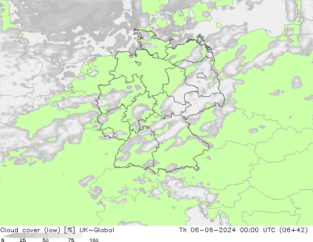 Cloud cover (low) UK-Global Th 06.06.2024 00 UTC