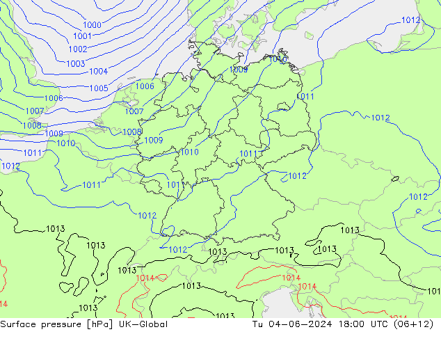 地面气压 UK-Global 星期二 04.06.2024 18 UTC