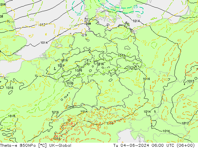 Theta-e 850hPa UK-Global di 04.06.2024 06 UTC