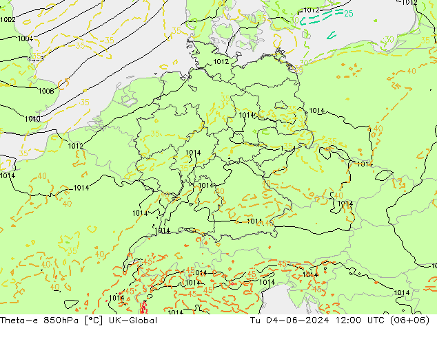 Theta-e 850hPa UK-Global mar 04.06.2024 12 UTC