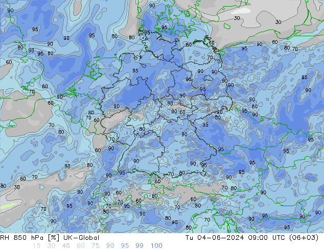 RH 850 hPa UK-Global 星期二 04.06.2024 09 UTC