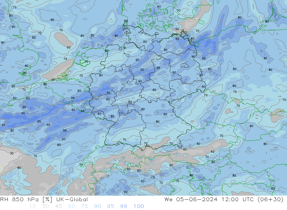 Humedad rel. 850hPa UK-Global mié 05.06.2024 12 UTC