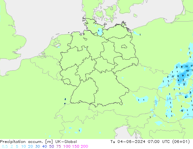 Precipitation accum. UK-Global Tu 04.06.2024 07 UTC