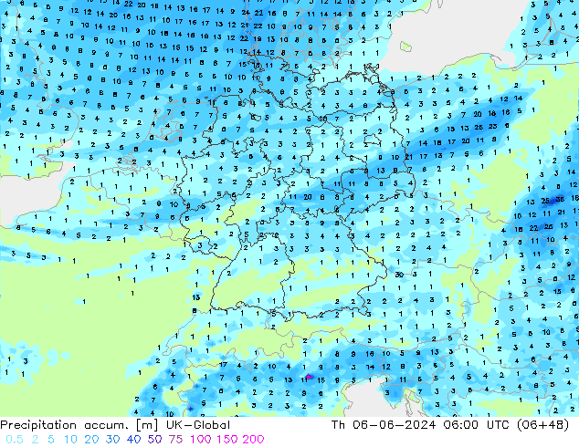 Precipitation accum. UK-Global czw. 06.06.2024 06 UTC