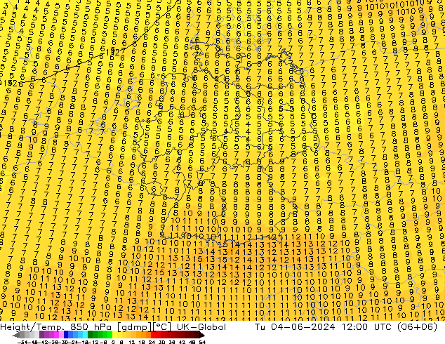 Height/Temp. 850 hPa UK-Global mar 04.06.2024 12 UTC