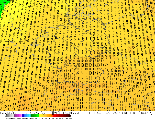 Height/Temp. 850 гПа UK-Global вт 04.06.2024 18 UTC