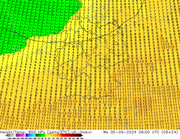 Height/Temp. 850 hPa UK-Global 星期三 05.06.2024 06 UTC