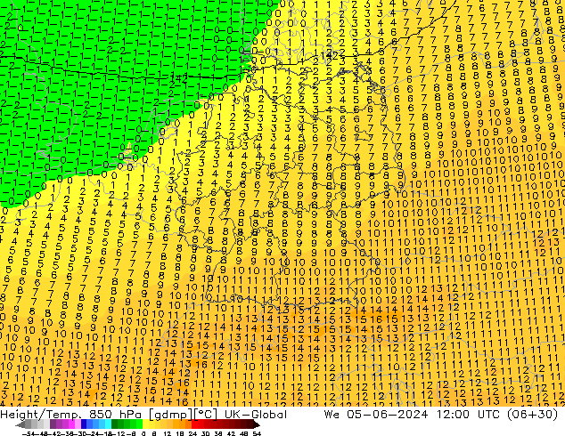 Géop./Temp. 850 hPa UK-Global mer 05.06.2024 12 UTC