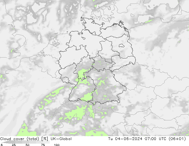 Wolken (gesamt) UK-Global Di 04.06.2024 07 UTC