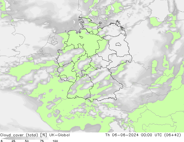 Cloud cover (total) UK-Global Th 06.06.2024 00 UTC