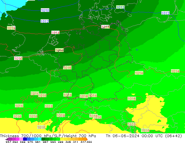 Espesor 700-1000 hPa UK-Global jue 06.06.2024 00 UTC
