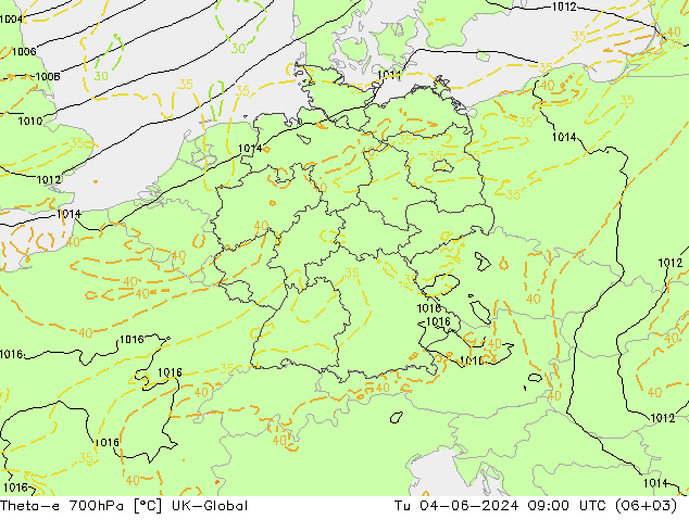 Theta-e 700hPa UK-Global Tu 04.06.2024 09 UTC