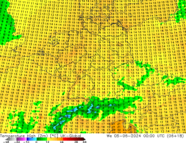 Temperature High (2m) UK-Global We 05.06.2024 00 UTC