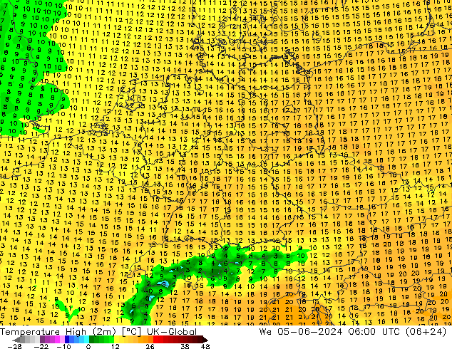 température 2m max UK-Global mer 05.06.2024 06 UTC