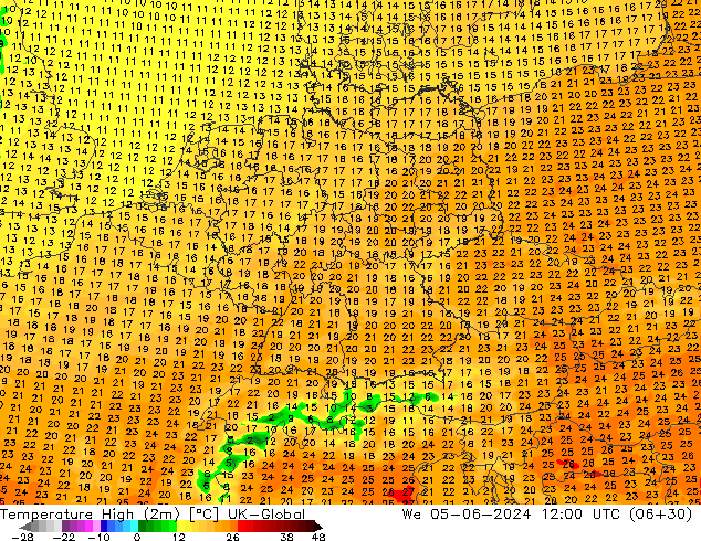 Temperatura máx. (2m) UK-Global mié 05.06.2024 12 UTC