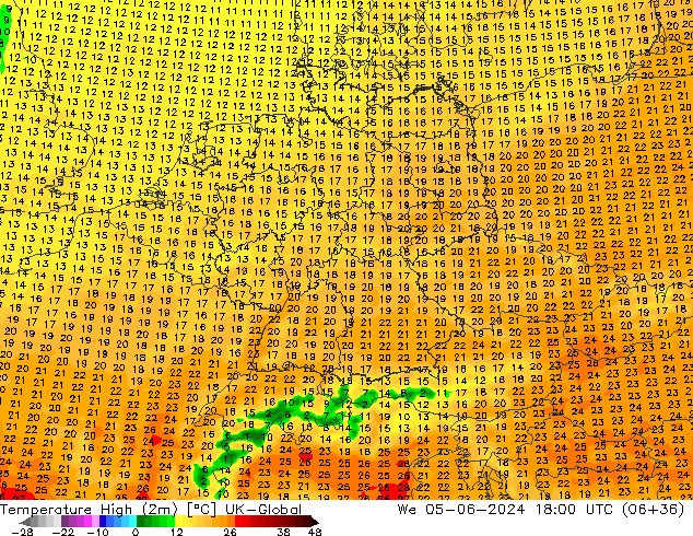 Temperatura máx. (2m) UK-Global mié 05.06.2024 18 UTC