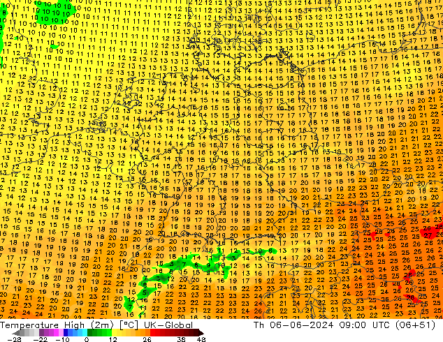 Temp. massima (2m) UK-Global gio 06.06.2024 09 UTC