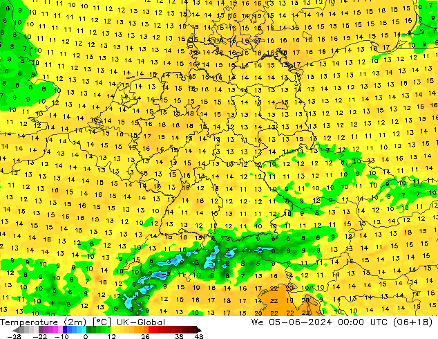 Temperature (2m) UK-Global We 05.06.2024 00 UTC