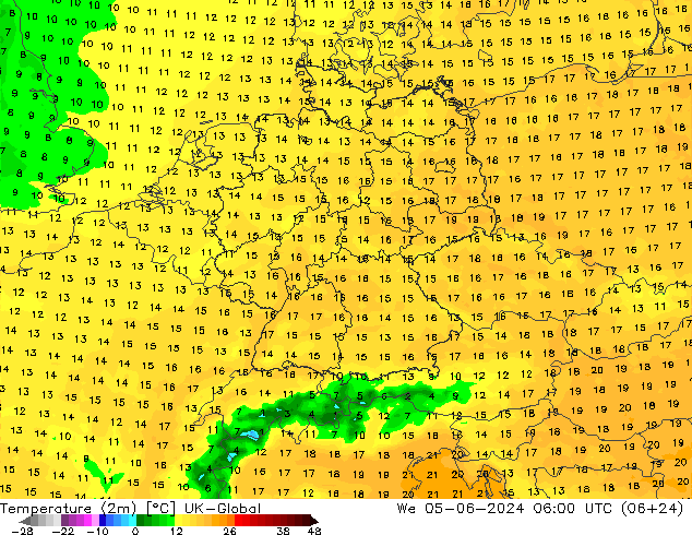 Temperatuurkaart (2m) UK-Global wo 05.06.2024 06 UTC