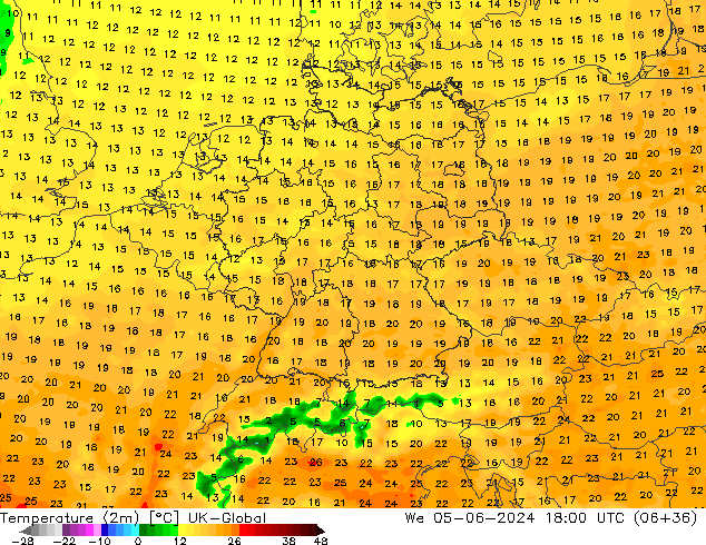 mapa temperatury (2m) UK-Global śro. 05.06.2024 18 UTC