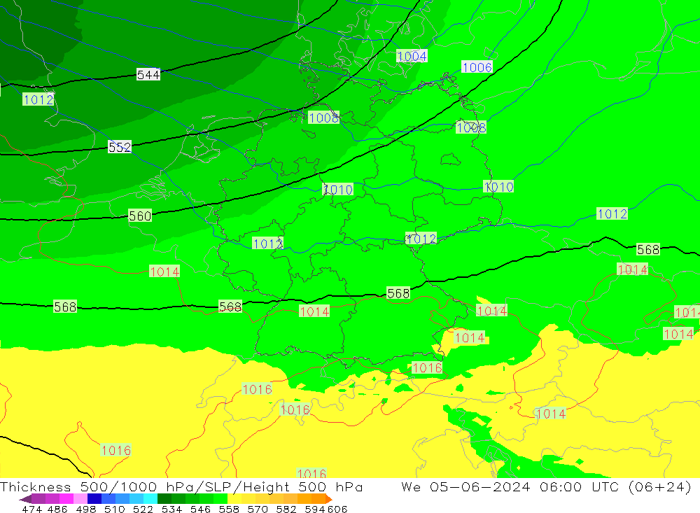 Thck 500-1000hPa UK-Global mer 05.06.2024 06 UTC