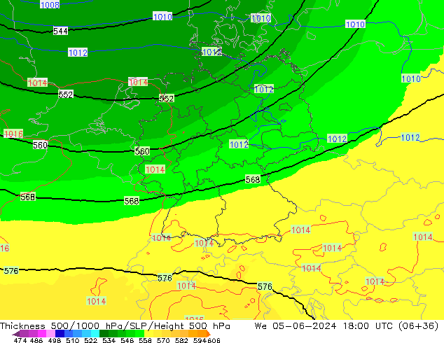 Espesor 500-1000 hPa UK-Global mié 05.06.2024 18 UTC