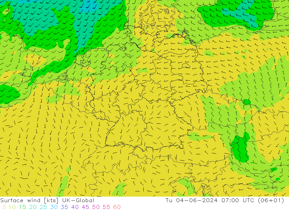 Surface wind UK-Global Út 04.06.2024 07 UTC