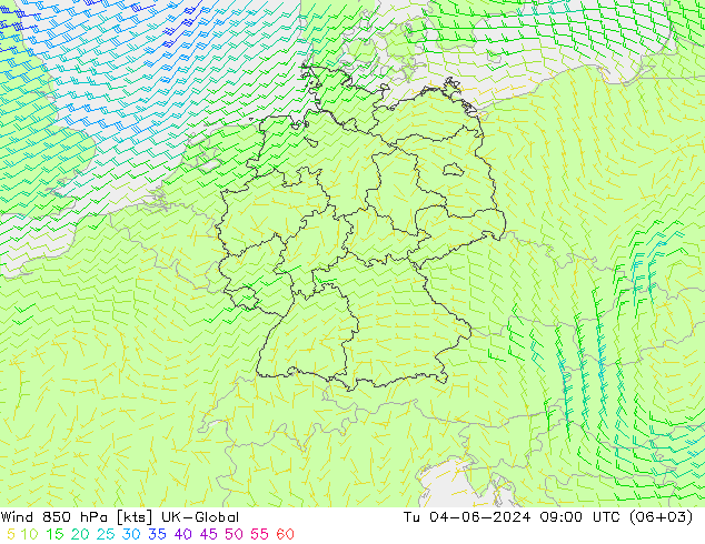 Wind 850 hPa UK-Global Tu 04.06.2024 09 UTC