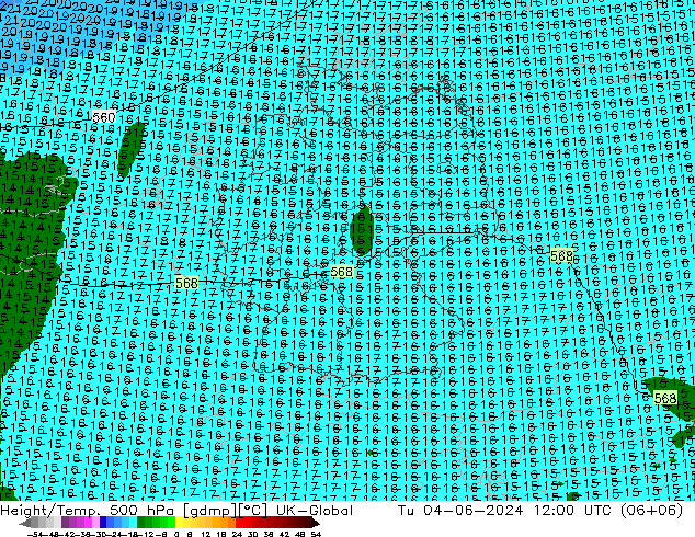 Height/Temp. 500 hPa UK-Global Di 04.06.2024 12 UTC