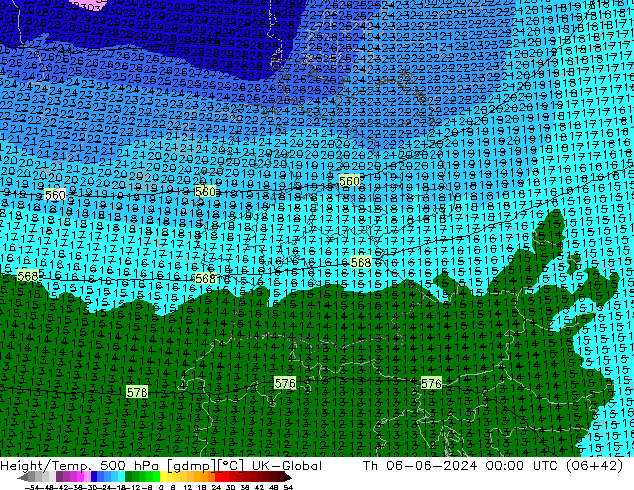 Height/Temp. 500 hPa UK-Global Th 06.06.2024 00 UTC