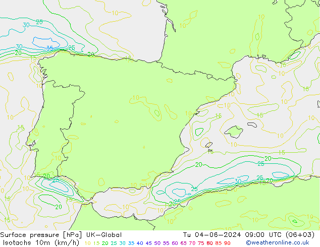 Isotachs (kph) UK-Global Tu 04.06.2024 09 UTC