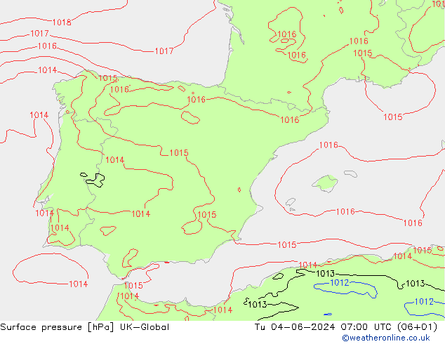 Surface pressure UK-Global Tu 04.06.2024 07 UTC