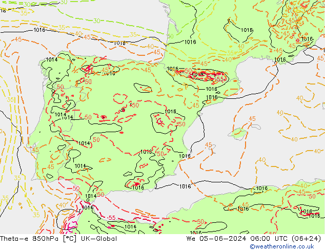 Theta-e 850hPa UK-Global wo 05.06.2024 06 UTC