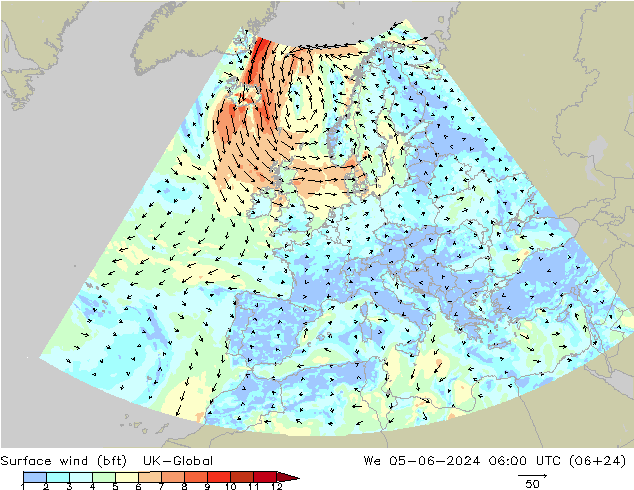 Surface wind (bft) UK-Global We 05.06.2024 06 UTC