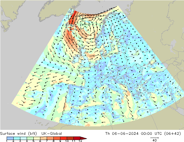 Surface wind (bft) UK-Global Th 06.06.2024 00 UTC