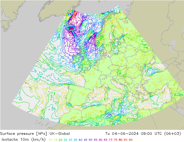 Isotachen (km/h) UK-Global Di 04.06.2024 09 UTC