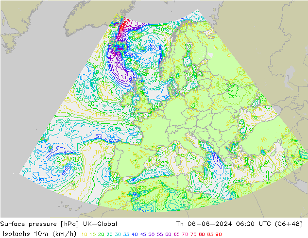 Isotachen (km/h) UK-Global Do 06.06.2024 06 UTC