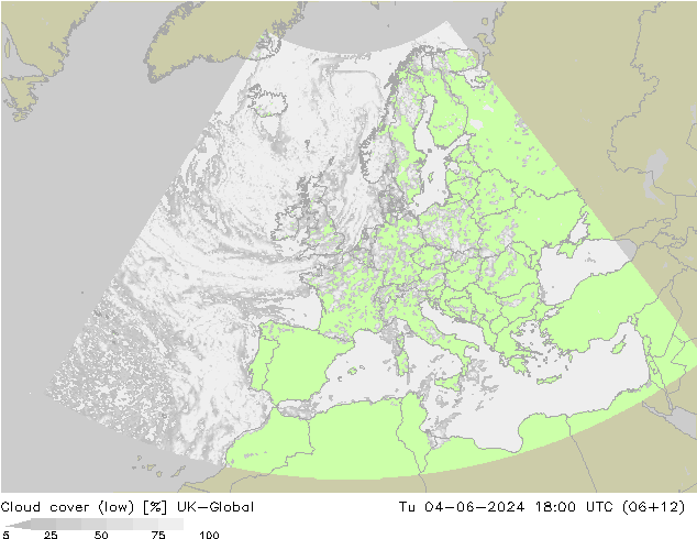 Cloud cover (low) UK-Global Tu 04.06.2024 18 UTC