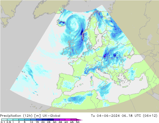 Totale neerslag (12h) UK-Global di 04.06.2024 18 UTC