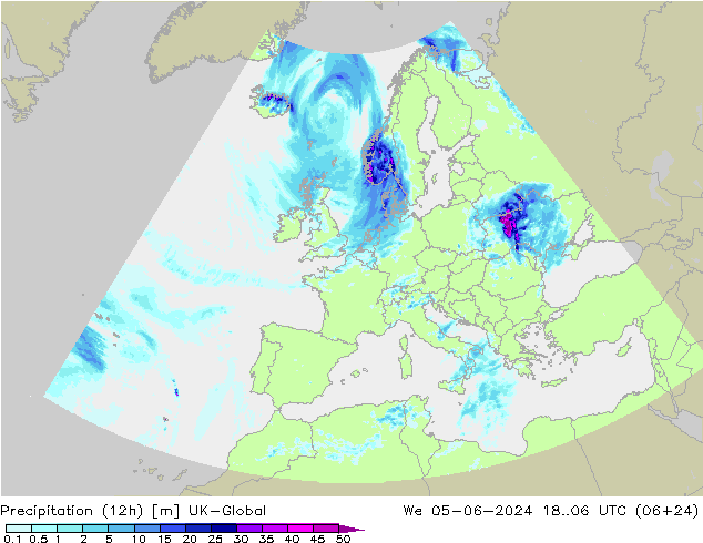 Precipitation (12h) UK-Global We 05.06.2024 06 UTC