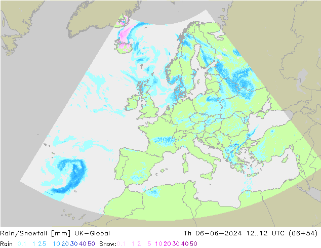 Rain/Snowfall UK-Global czw. 06.06.2024 12 UTC