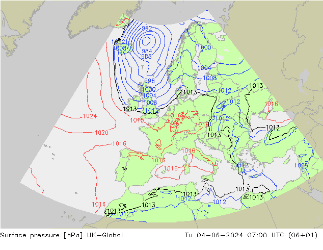 地面气压 UK-Global 星期二 04.06.2024 07 UTC